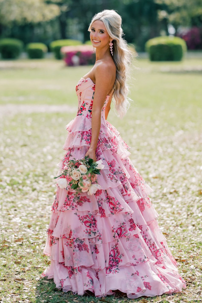 Modest A-Line Empire Sweetheart Strapless Floral Tiered Party Prom Dress