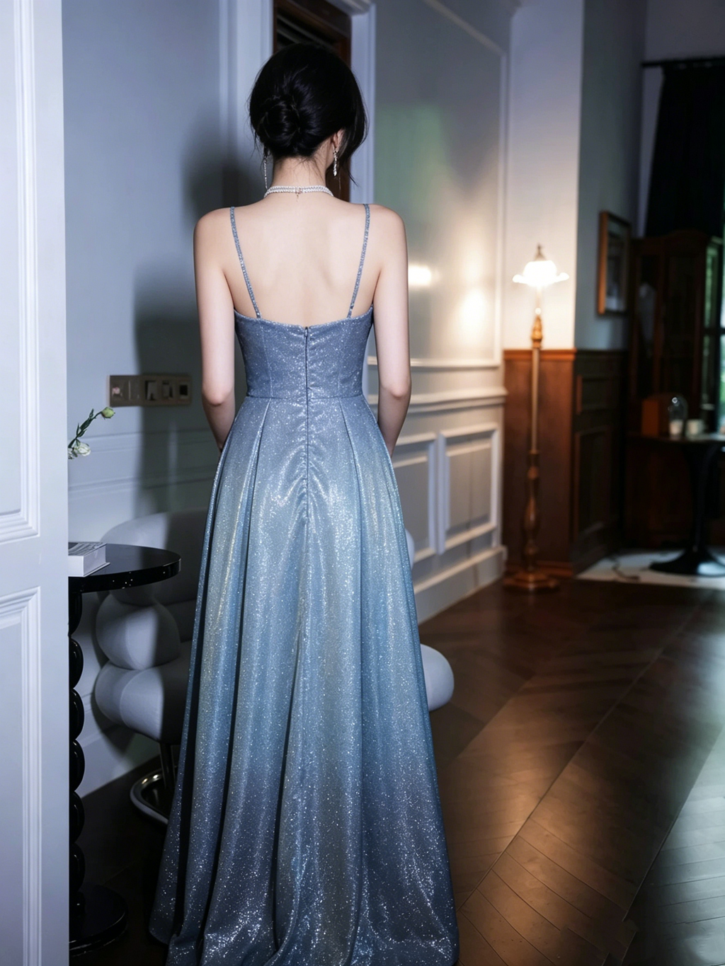 Glamorous Glitter Blue Spaghetti Strap Bow Sweetheart Neck A-Line Long Evening Gown TP5868