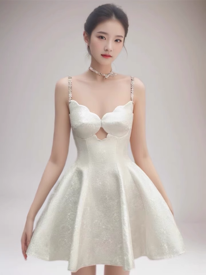 Fashion Beige Pearl Design A-line Spaghetti Strap Party Dress Homecoming Dress TP3834
