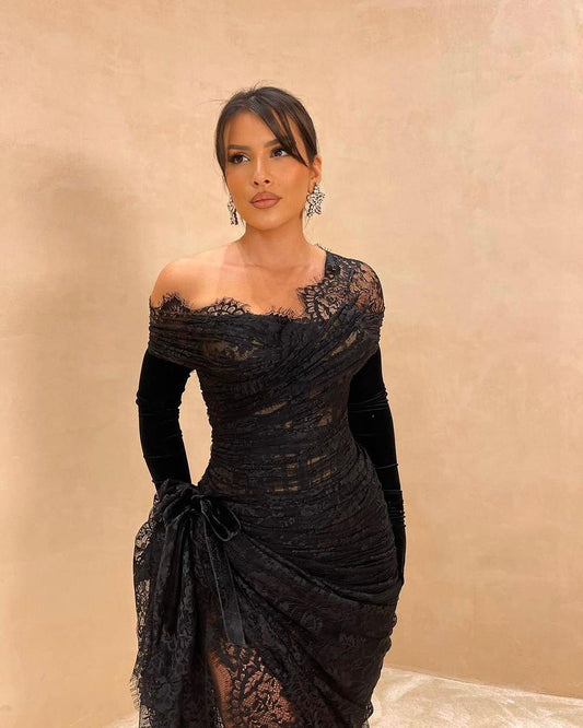 Vintage Black Lace Prom Dress Asymmetric With Gloves