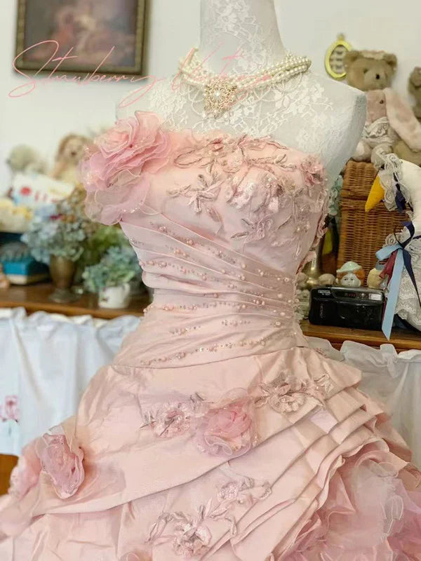 Elegant Pink 3D Flower Sweet 16 Quinceanera A-Line Floor-length Birthday Dress Ball Gown TP4421