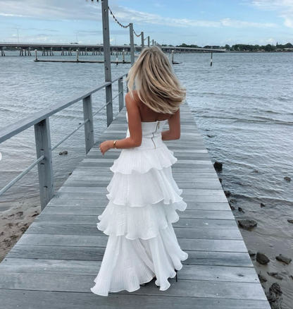 Elegant Ball Gown 2 Pieces Long White Tiered Prom Dress 21th Birthday Outfits P2144