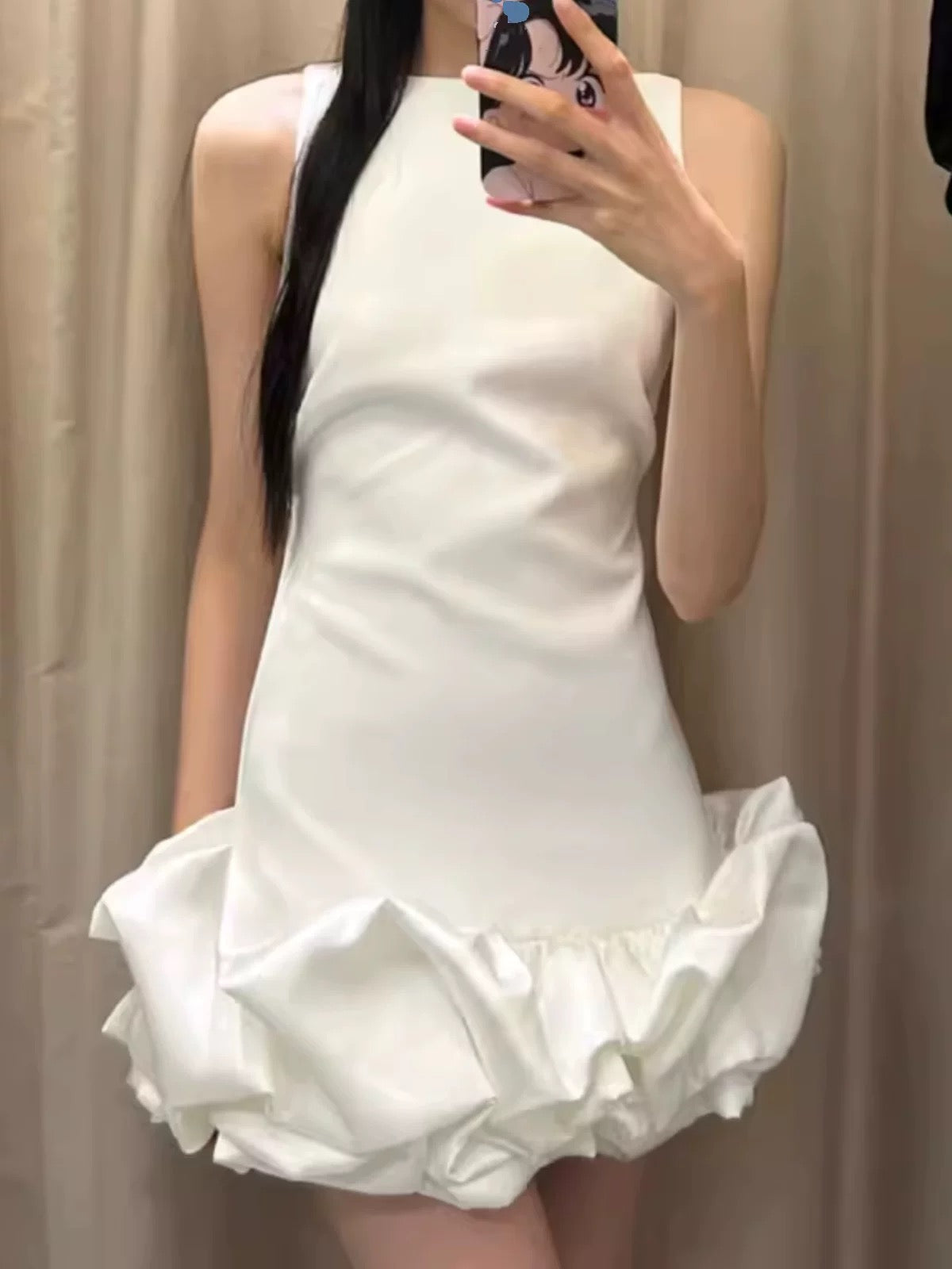 Cute White Sleeveless Satin Floral Skirt Homecoming Dress P3404