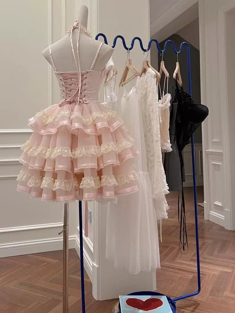 Princess Heart-shaped Collar Bow Herringbone Lace Edge Fluffy 17th Birthday Homecoming Dress P3781