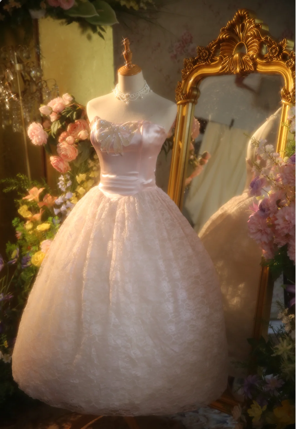 Princess Light Pink Strapless Lace Ball Gown Evening Dress Sweet 16 Dress P4304