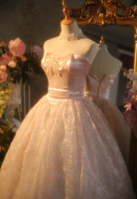Princess Light Pink Strapless Lace Ball Gown Evening Dress Sweet 16 Dress P4304