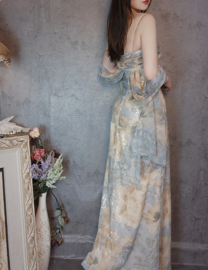 Vintage Fitted Spaghetti Strap Sequined Long Prom Dress Evening Dress P4308