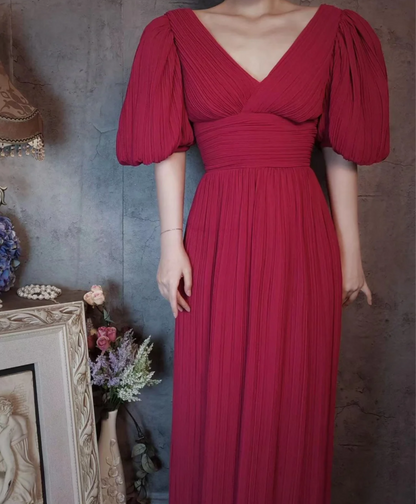 Elegant Rose Pink V-neck Puff Sleeve Pleated Long Prom Dress Evening Dress P4309