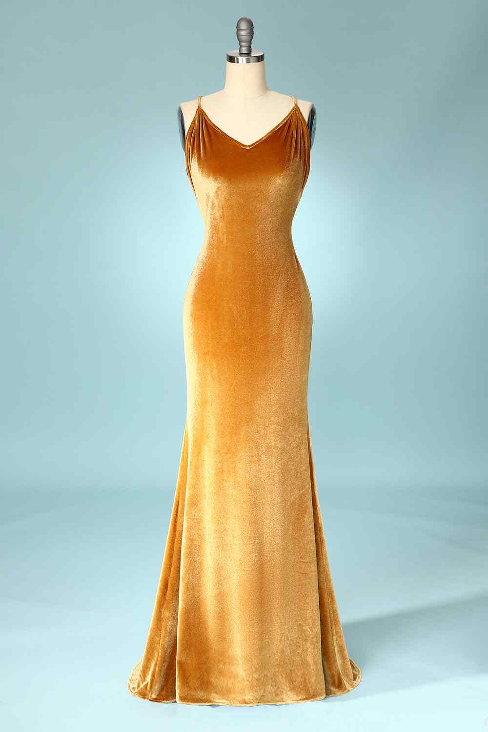 Butterscotch Mermaid Cowl Neck Backless Velvet Long Bridesmaid Dress