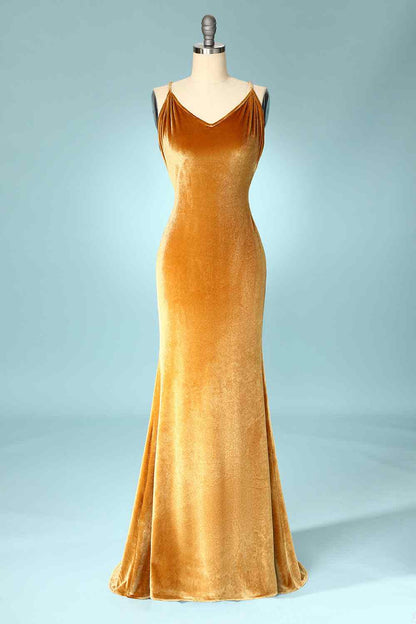 Butterscotch Mermaid Cowl Neck Backless Velvet Long Bridesmaid Dress
