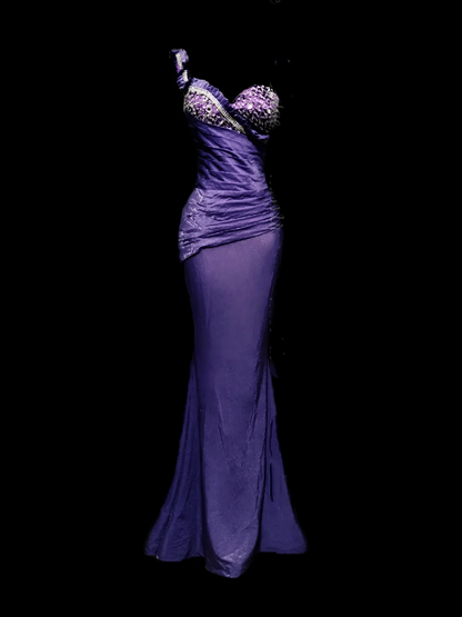 Dark Purple One-Shoulder Waist-Cinched Bodycon Sexy Prom & Evening Gown gh7338