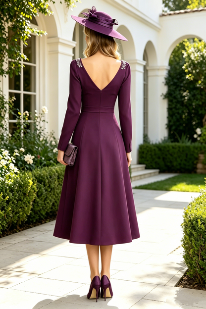 Purple Satin A-Line Scoop Long Sleeves Mother Of The Bride Dress