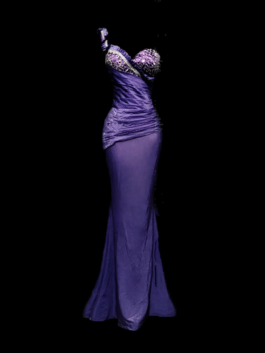 Dark Purple One-Shoulder Waist-Cinched Bodycon Sexy Prom & Evening Gown gh7338