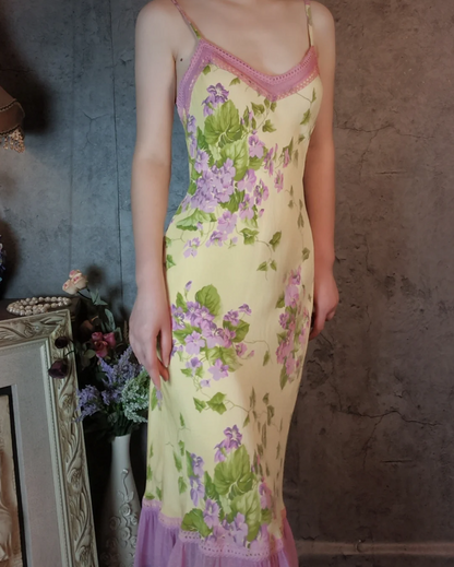Retro Yellow-Based Purple Floral Mermaid Spaghetti Strap V-Neck Chiffon Prom Dress Evening Dress P4311