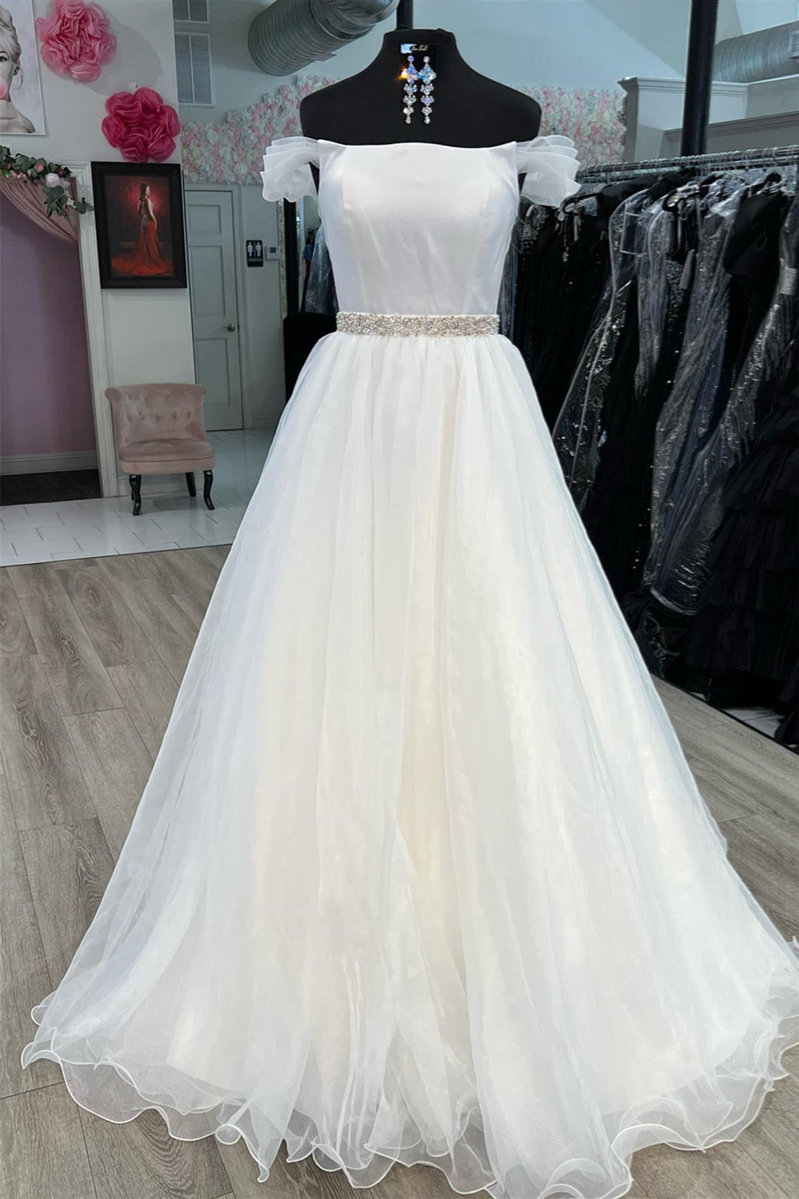 White Off-Shoulder Beaded A-line Long Prom Dress