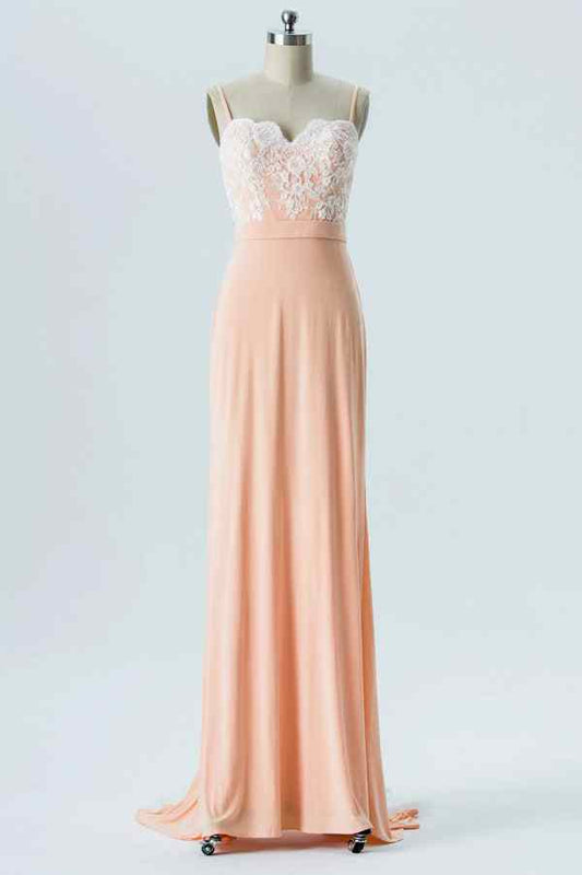 Blushing Pink Mermaid Lace Sweetheart Satin Long Bridesmaid Dress