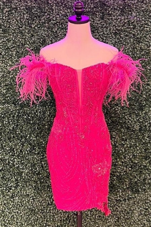 Red Off-the-Shoulder Sequined Sheath Homecoming Dress with Feathers