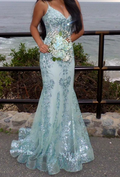 Vintage Sparkly Light Blue Sequin Spaghetti Strap Mermaid Evening Gown TP5565