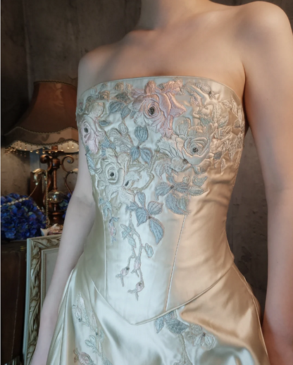 Vintage Champagne Gold A-line Strapless Embroidered Satin Train Prom Dress Evening Dress P4324