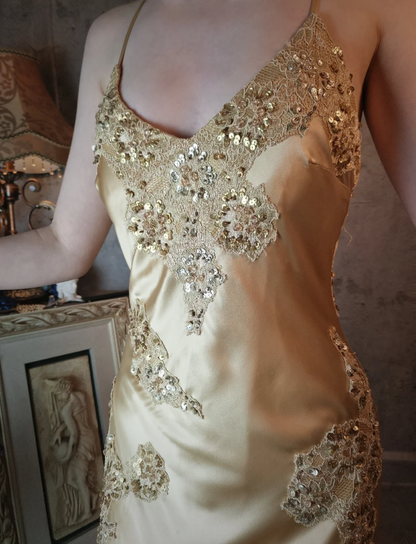 Vintage Mermaid Champagne Gold Sequined Lace Satin Long Prom Dress Evening Dress P4326