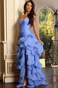 Glamorous Strapless Sweetheart Periwinkle Ruffled Chiffon Prom Dress with High Slit TP5758