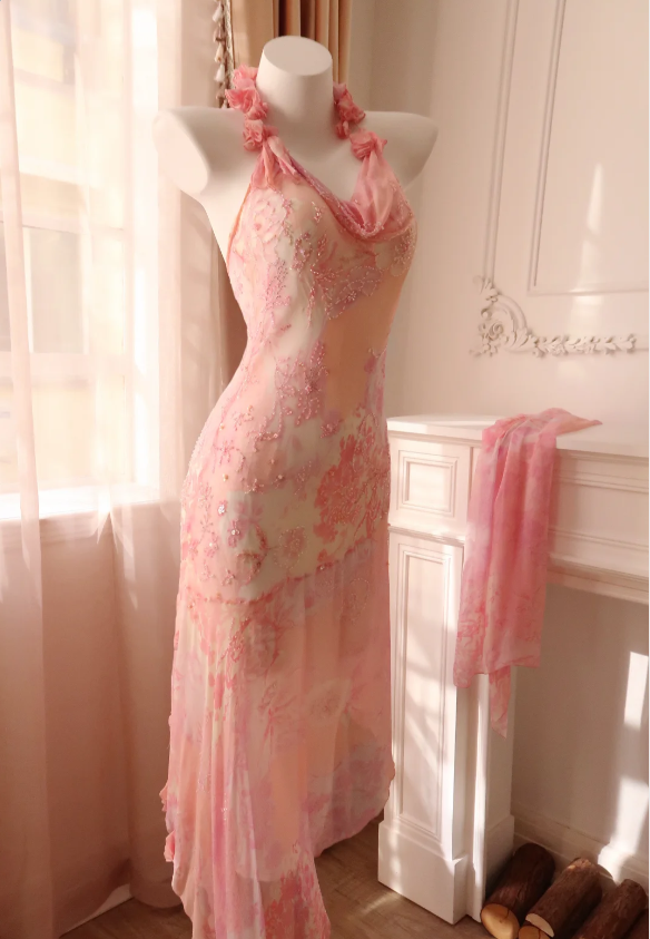 Sweet Pink Mermaid Halter Neck Beaded Chiffon Prom Dress Evening Dress P4329