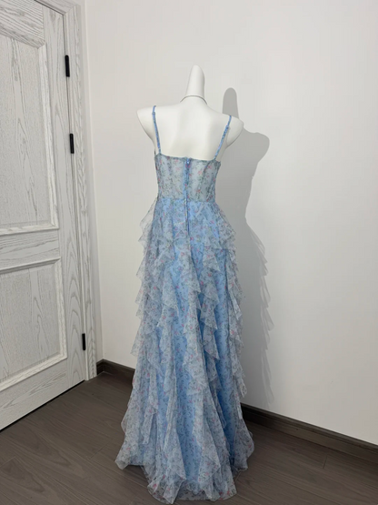 Light Blue Floral Spaghetti Strap Long Prom Evening Gown With Boning & Waist Cinching gh7220