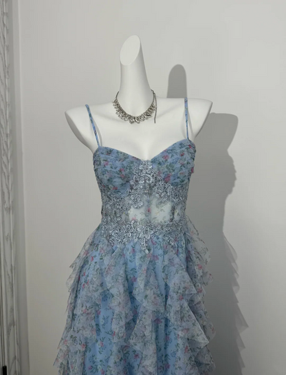 Light Blue Floral Spaghetti Strap Long Prom Evening Gown With Boning & Waist Cinching gh7220