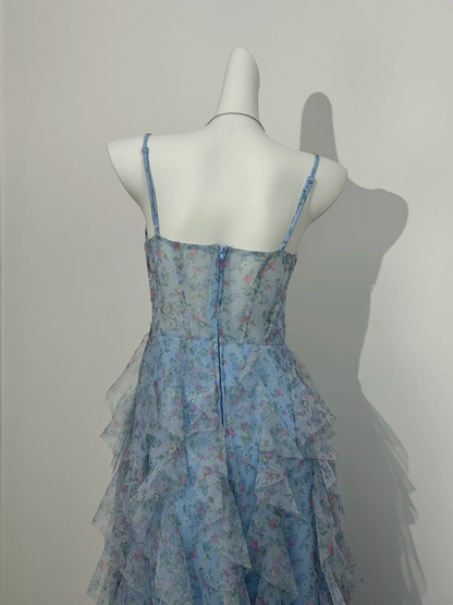 Light Blue Floral Spaghetti Strap Long Prom Evening Gown With Boning & Waist Cinching gh7220