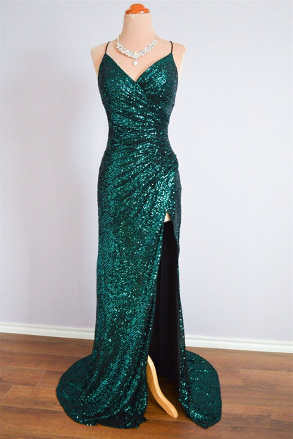 Green Sequin V-Neck Sleeveless Mermaid Prom Party Dress