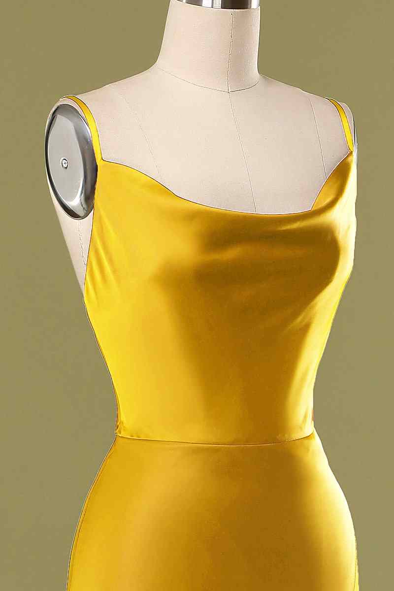 Marigold Mermaid Satin Cowl Neck Long Bridesmaid Dress with Slit