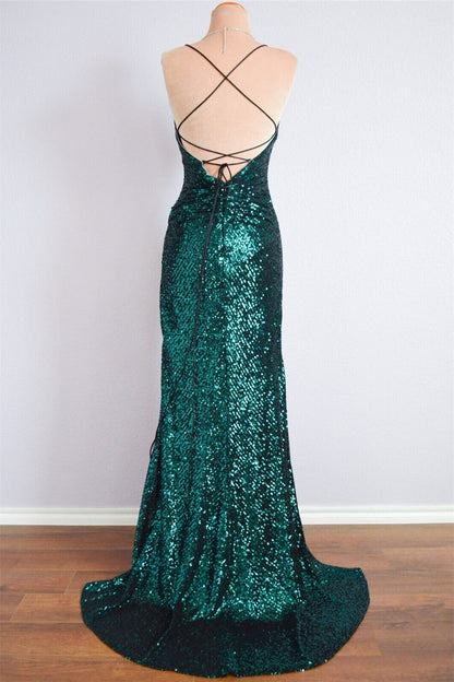Green Sequin V-Neck Sleeveless Mermaid Prom Party Dress