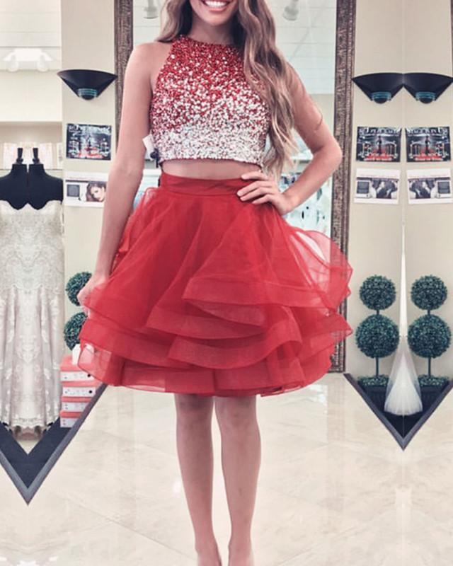 Two Piece Ruffles Ball Gown Homecoming Dresses,Navy Blue Semi Formal Dress