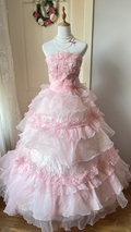 Vintage Pink Tiered Lace & Bow Applique Quinceanera Ball Gown TP5838