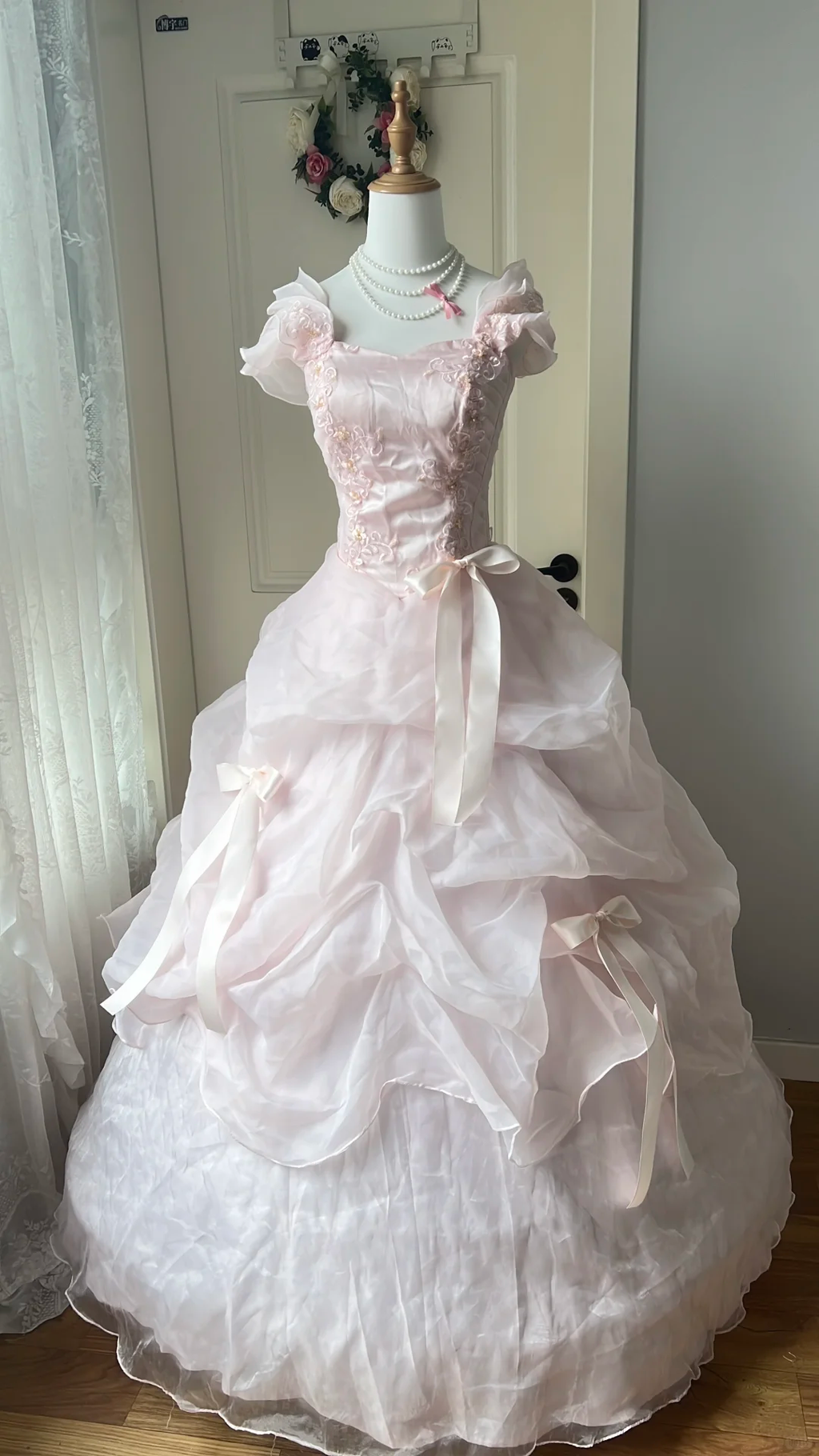 Glamorous Pink Off-the-Shoulder Lace Embroidered Bow Tiered Organza Ball Gown TP5830