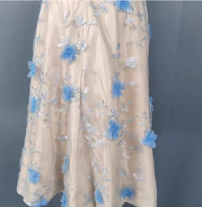 Sweet A-Line 3D Floral Embroidery Tulle Long Prom Dress Evening Dress P4335