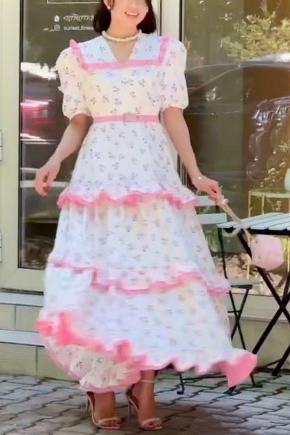 girlhomeshops-Pink Short-Sleeved Holiday Dress gh5934