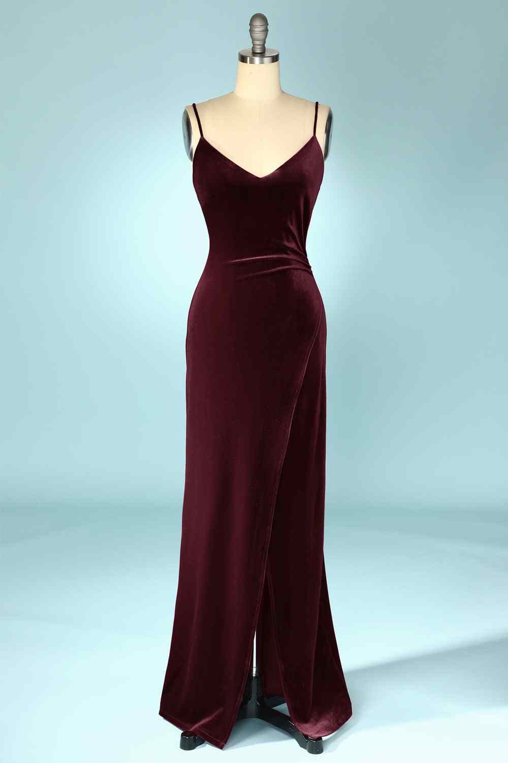 Cabernet Mermaid V Neck Velvet Long Bridesmaid Dress with Slit