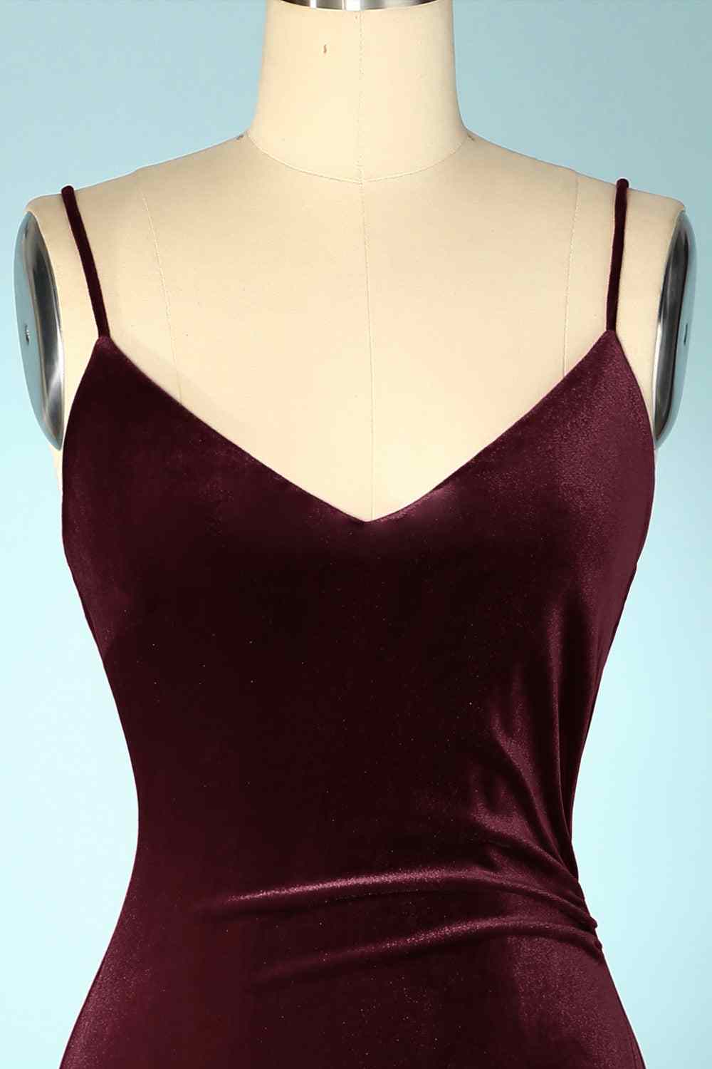 Cabernet Mermaid V Neck Velvet Long Bridesmaid Dress with Slit