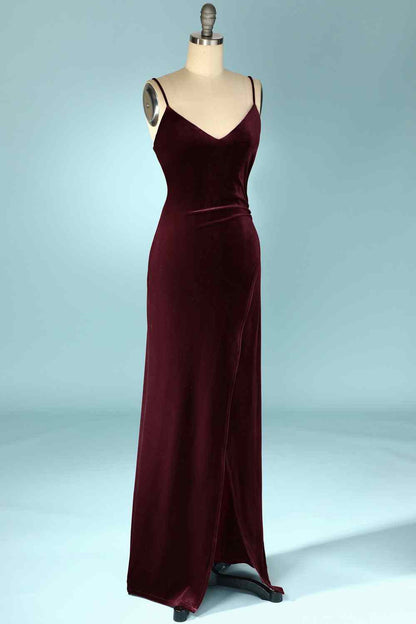 Cabernet Mermaid V Neck Velvet Long Bridesmaid Dress with Slit