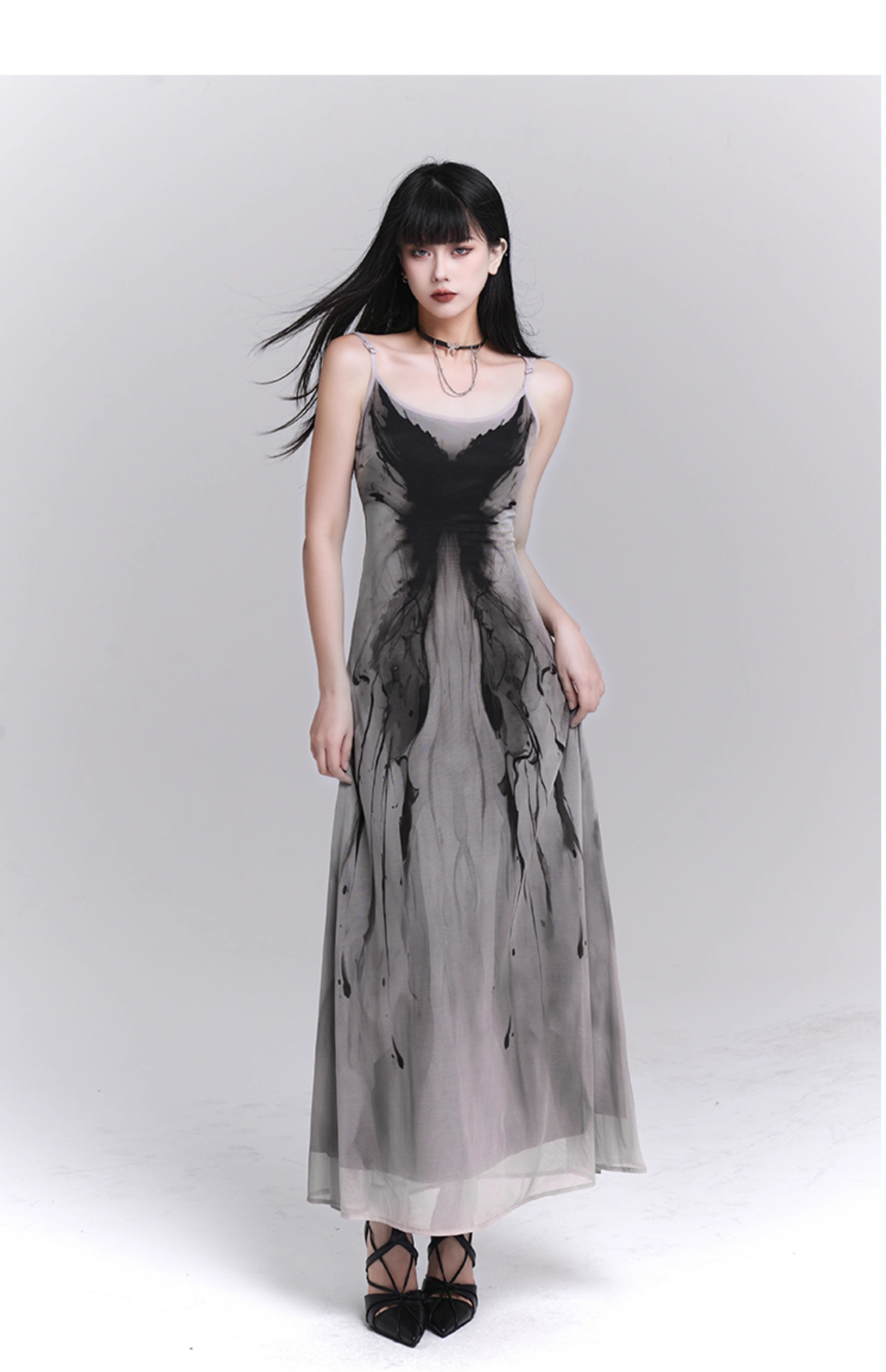 Women Fashion Design Sense Seaside Party Grey Spaghetti Strap Dress TP2918
