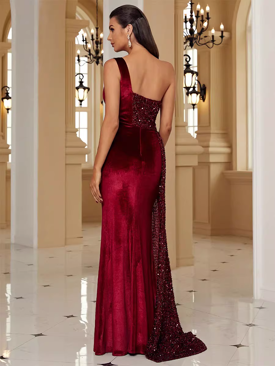 Elegant Burgundy One-Shoulder Sequin Velvet Evening Gown High Slit Prom Party Wedding Guest Maxi Dress TP5746