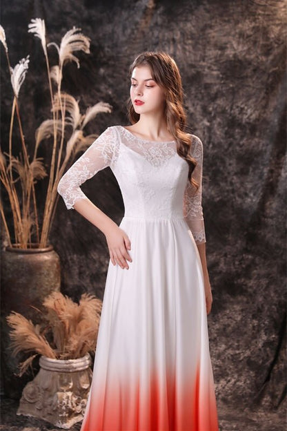 3/4 Sleeves Orange Ombre Chiffon Long Bridesmaid Dress