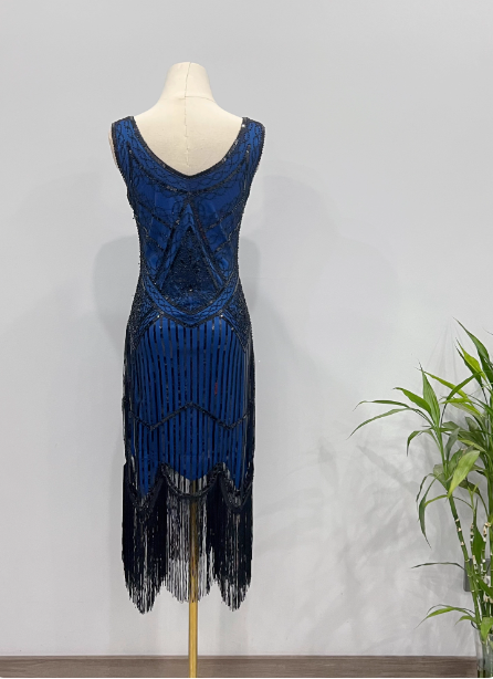 Vintage Royal Blue / Emerald Green Slim-Fit Spaghetti Strap Fringe Sequin Midi Prom Dress Evening Dress P4341