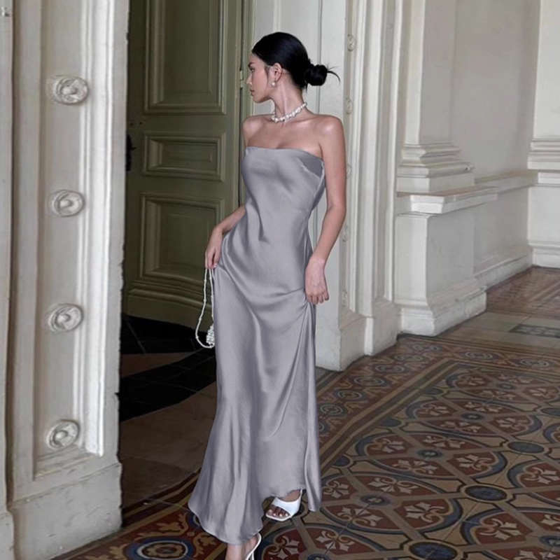 Enchanting Silvery Strapless Satin Mermaid Long Prom Dress Evening Dress TP4348