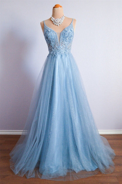 Sparkly A-Line Spaghetti Straps Appliques Party Prom Dress