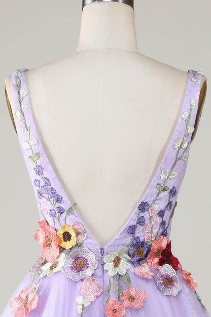 Lavender Tulle Spaghetti Strap Floral Lace-Up Homecoming Dress
