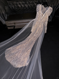 Glamorous Champagne Sequin Mermaid Beaded Embroidery Sheer Tulle Evening Gown TP5391