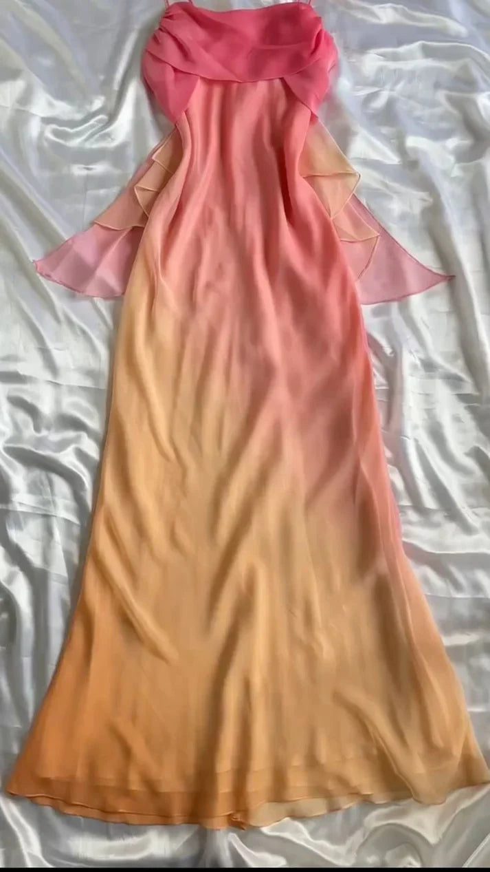 orange fashion gradient elegant spaghetti strap long chiffon prom dress evening dress party dress gh3608