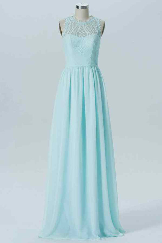 Caribbean A-line Lace Illusion Halter Chiffon Long Bridesmaid Dress